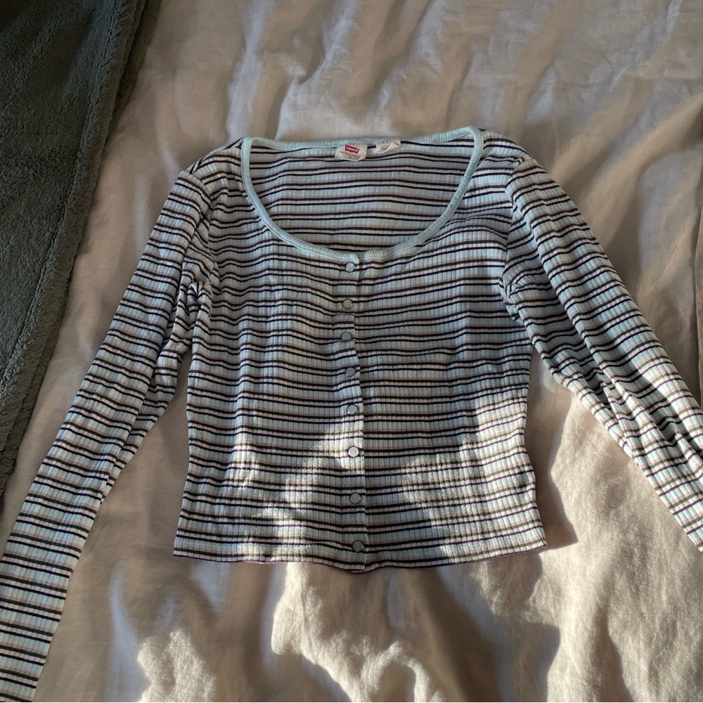 Levi's Striped Ribbed Button-Front Top in Mauve, Black and Light Blue